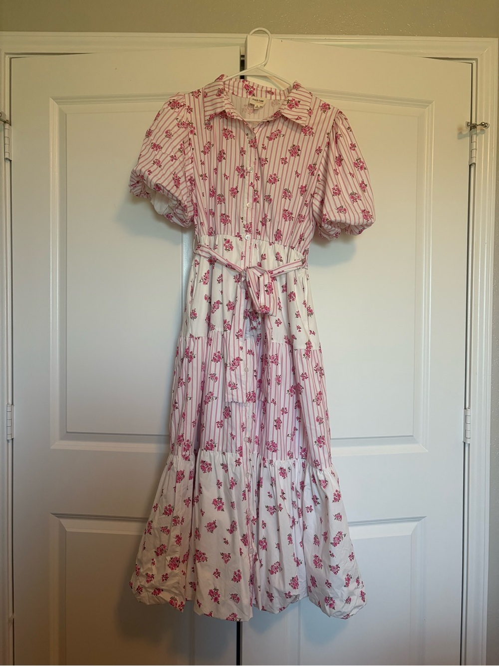 White and Pink Floral Midi Shirt Dress with Tie Waist